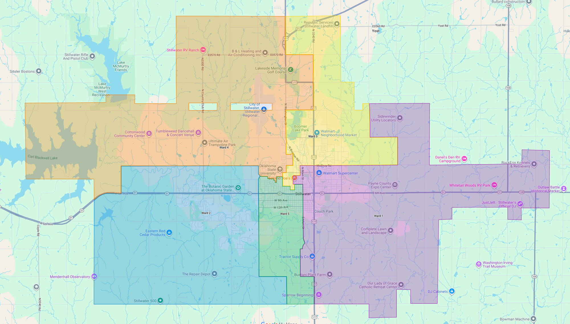 Map of Stillwater Public Schools district showing five wards in different colors with Ward 1 highlighted in purple on the east side and Ward 2 highlighted in blue on the southwest side