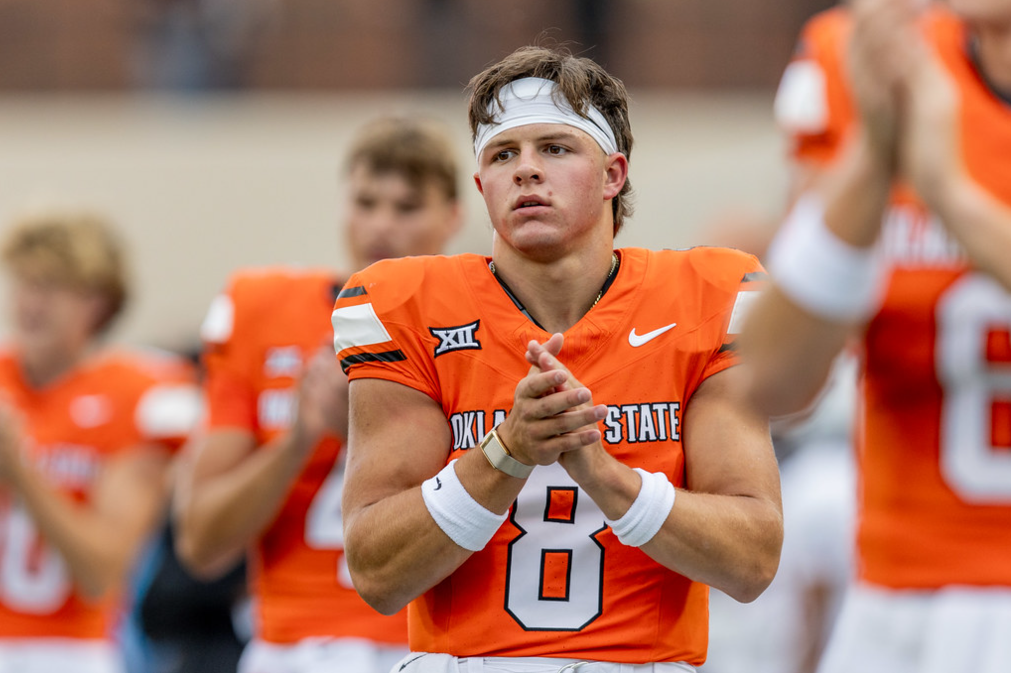 Oklahoma State quarterback Hauss Hejny (8) claps his hands before the Cowboys' season opener against UT-Martin at Boone Pickens Stadium on Aug. 28, 2025, his only appearance this season.