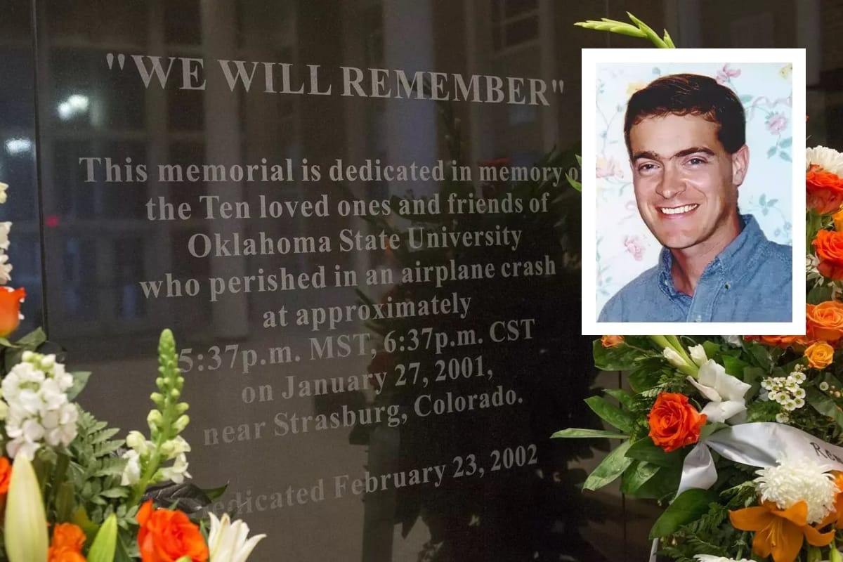 Remember the Ten memorial plaque at Gallagher-Iba Arena with portrait photo of Will Hancock surrounded by flowers commemorating Jan. 27, 2001 plane crash that claimed 10 lives at OSU.