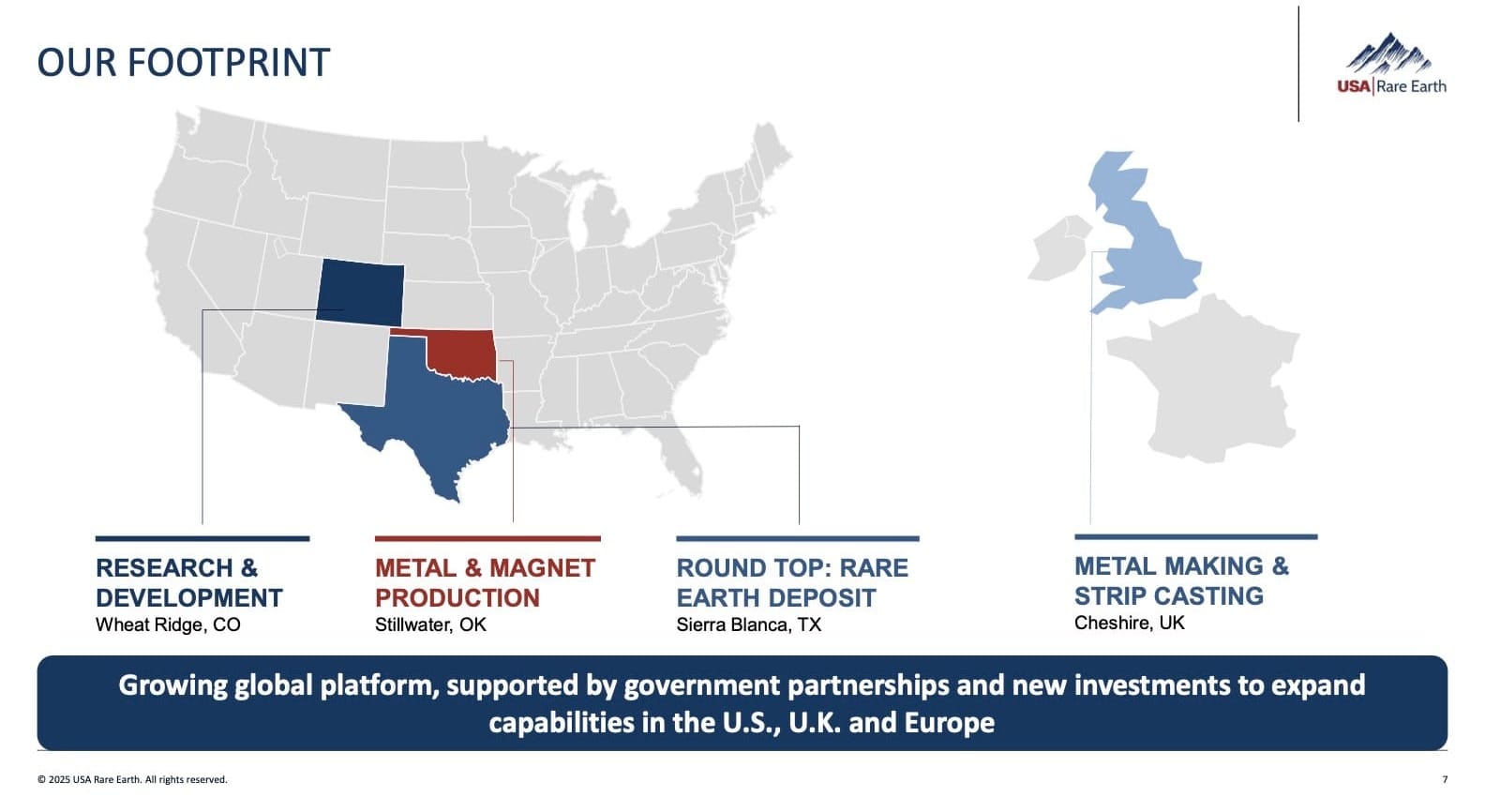 Map showing USA Rare Earth's operations in Colorado, Oklahoma, Texas and the United Kingdom, from November 2025 investor presentation.