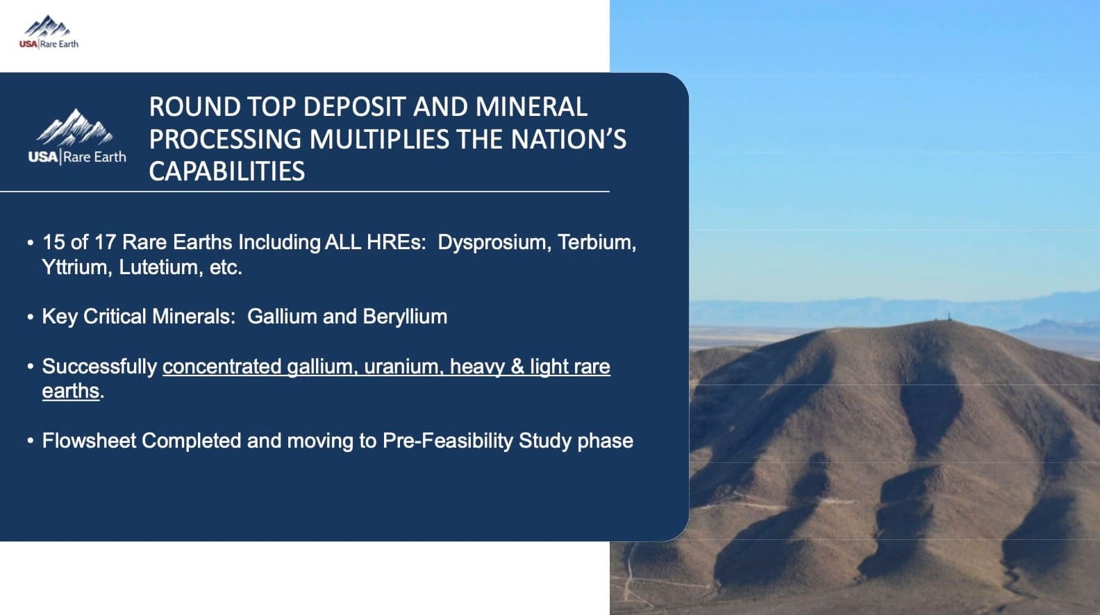 Round Top mountain in Sierra Blanca, Texas, site of USA Rare Earth's rare earth deposit, from November 2025 investor presentation.