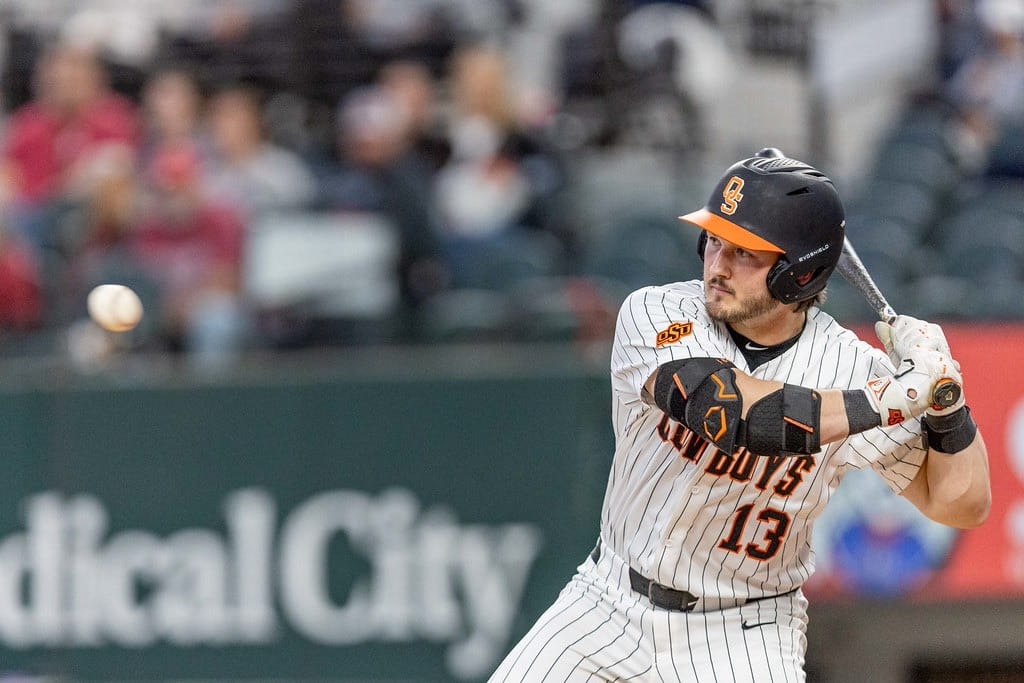 Oklahoma State center fielder Kollin Ritchie watches a pitch against Vanderbilt at Globe Life Field.