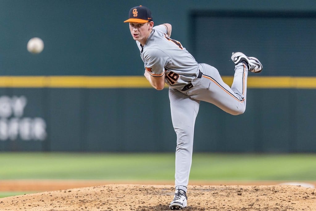 OSU sophomore lefty Ethan Lund (16) pitches during the Cowboys' 6-5 loss to Clemson on Feb. 14, 2025, at Globe Life Field. Lund recorded four strikeouts in the outing.