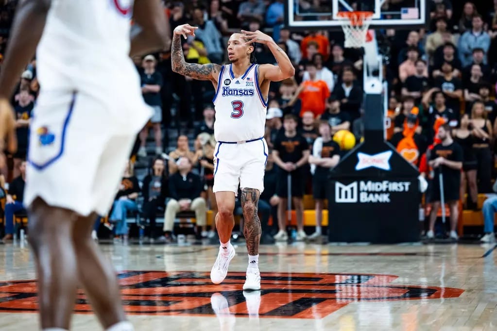 Kansas senior guard Tre White (3) gestures on the court during the Jayhawks' 81-69 win over Oklahoma State on Wednesday night at Gallagher-Iba Arena in Stillwater.
