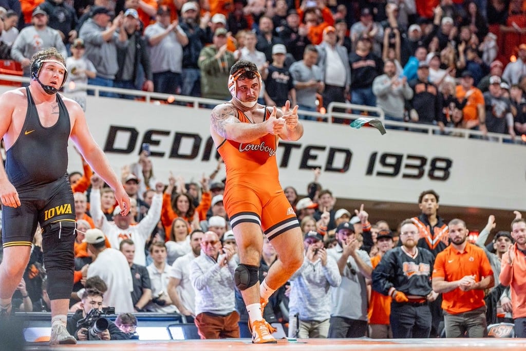 Doucet's Pin Caps Dominant OSU Effort — Cowboys Rout No. 7 Iowa 32-11 in Historic Dual
