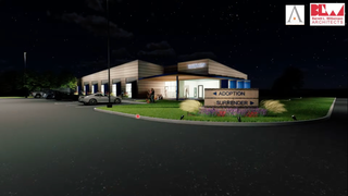 Rendering shows building with a way finding sign for adoptions and surrenders of pets.