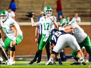 Drew Mestemaker (17) drops back to pass in white North Texas uniform during 2025 season, when he led nation in passing yards