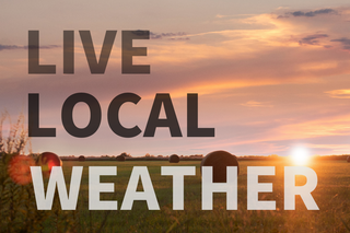 Live Local Weather text over photo of sunset with hale bales in front of horizon