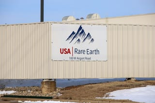 Entrance sign for USA Rare Earth magnet manufacturing facility in Stillwater.