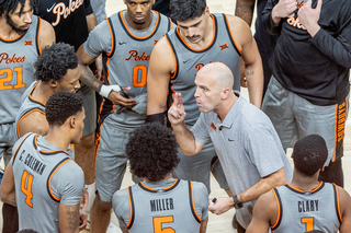 Oklahoma State head coach Steve Lutz talks to Cowboys players during timeout huddle at Gallagher-Iba Arena during game against Baylor on Jan. 13, 2026, in Stillwater, OK.