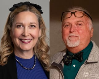Composite photo of school board candidates Rachel Dillin, left, in a blue top with pearl necklace, and Nathan Brubaker, right, in a gray cardigan and bow tie.