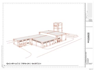 Schematic design sketch of the planned Synthesia Technology polyester plant in Stillwater, showing warehouse buildings and an enclosed reactor tower with the Synthesia Technology logo.