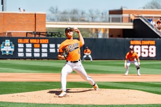 Oklahoma State pitcher Bryce Leblanc (10) delivers from the mound during OSU's 10-4 win over Cincinnati at O'Brate Stadium.