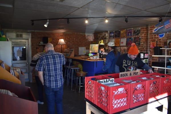 Record store interior with customers browsing vinyl in red crates in foreground. Owner at checkout counter in background. Brick walls with album posters, track lighting.