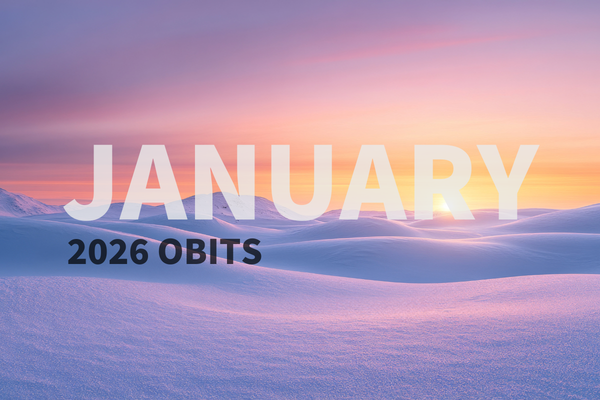 snow covered hill with a sunset dipping below the horizon with a orange, pink and purple hued sky. Text reads, January 2026 obits