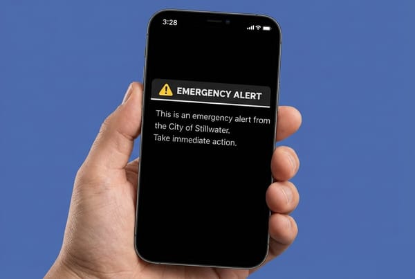 A hand holds a smartphone displaying a mock emergency alert message that reads: "This is an emergency alert from the City of Stillwater. Take immediate action."