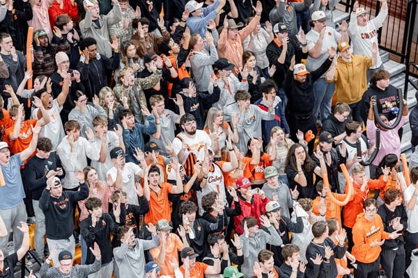 Oklahoma State student section cheers during Feb. 4, 2026 game against BYU at Gallagher-Iba Arena. OSU was later fined $50,000 for fan conduct violations during the contest.