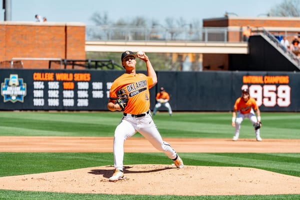 Oklahoma State pitcher Bryce Leblanc (10) delivers from the mound during OSU's 10-4 win over Cincinnati at O'Brate Stadium.